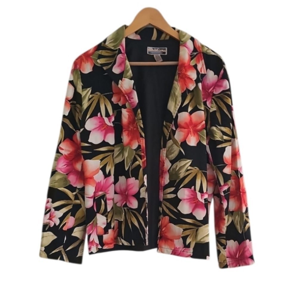 Sunset Cove Tropical Floral Jacket Women’s XL Black Pink Resort Cruise Layer